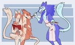 2_heads 2_tails 3_legs anthro apron blue_background blue_body blue_fur bodypaint book brown_eyes brush clothing crotch_tuft duo eyes_closed face_paint femboy fur male male/male multi_head multi_tail paint paintbrush painting purple_body purple_fur reading reading_book red_body red_fur simple_background sitting tail tan_body tan_fur tuft hamham_gd futago_and_antifutago sergal hi_res