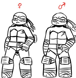 anthro belt clothed clothing comparison crossgender duo elbow_pads feet female female_symbol foot_wraps gender_symbol half-closed_eyes hand_wraps kerchief knee_pads looking_at_viewer male male_symbol mask narrowed_eyes notched_shell shell simple_background standing symbol white_background wraps wrist_wraps inkyfrog teenage_mutant_ninja_turtles raphael_(tmnt) reptile scalie turtle 2017