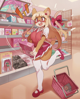 5_fingers accessory anime_figure anthro blonde_hair blush bow_(feature) bow_accessory bow_ribbon breasts clothed clothing dress ear_piercing eyewear female figurine fingers footwear fur furgonomics furniture glasses hair holding_object inside kemono legwear long_hair open_mouth piercing public ribbons shelf shoes shopping shopping_basket smile solo stockings store tail tail_accessory tail_bow tail_ribbon tan_body tan_fur tongue topwear sanjiro mamori_sweets mammal murid murine rat rodent digital_drawing_(artwork) digital_media_(artwork) hi_res