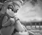 anthro blurred_background clothed clothing hair hand_on_knee hand_on_leg holding_knee holding_leg horn iris leaf narrowed_eyes outside pose pupils sitting smile solo shoru sega sonic_the_hedgehog_(series) fan_character rock_the_bull bovid bovine cattle mammal 2023 monochrome