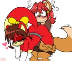 accessory anthro belt bent_over blush bottomwear brown_body brown_fur clothing duo female female/female fur gloves hair hair_accessory hair_ribbon handwear heart_symbol leg_wrap red_body red_fur red_hair ribbons shirt shorts topwear yellow_body yellow_fur darkwolfhybrid archie_comics sega sonic_the_hedgehog_(archie) sonic_the_hedgehog_(comics) sonic_the_hedgehog_(series) fan_character fiona_fox melina_fox canid canine fox mammal hi_res