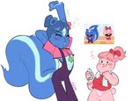 anthro blue_hair blush bottle container duo exercise eyes_closed female hair pink_hair ribbons stretching water_bottle workout vilya happy_tree_friends giggles_(htf) petunia_(htf) ground_squirrel mammal mephitid rodent sciurid skunk