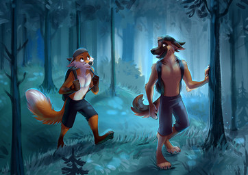 4_toes anthro backpack barefoot black_pawpads claws clothed clothing detailed_background duo feet forest grass hiking male night pawpads plant smile soles toes tree multyashka-sweet canid canine fox mammal