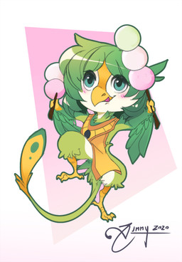 anthro avian_feet beak blue_eyes chibi clothed clothing feathered_wings feathers female food front_view glistening glistening_eyes glistening_hair green_body green_feathers green_hair green_tail hair leg_markings markings orange_body orange_clothing orange_tail simple_background socks_(marking) solo tail tongue tongue_out white_body winged_arms wings yellow_beak vesper_art avian hi_res