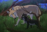 ambiguous_feral ambiguous_gender black_body black_pawpads claws detailed_background digitigrade duo feet feral forest grass hindpaw hunting pawpads paws plant quadruped sky tail toe_claws tree wood yellow_body young young_ambiguous young_feral marmenuar balto_(series) universal_studios aleu_(balto) siona canid canine canis hybrid mammal wolf wolfdog 2022 digital_media_(artwork) female_(lore)