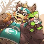 anthro belly brown_body brown_fur clothing duo eyes_closed food fur green_body kemono leaf male overweight overweight_male scarf shirt sitting topwear doggiemonkey sengoku_puzzle momochi_sandayuu amphibian canid canine frog mammal raccoon_dog tanuki 1:1 2015 low_res