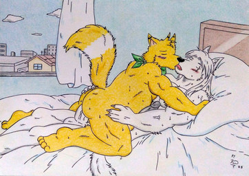 anal anal_penetration anthro balls barazoku bed bed_sheet bedding bedroom biceps black_nose black_penis blush blush_lines bodily_fluids butt city cloud curtains day duo erection eyes_closed fluffy fluffy_tail fur furniture genital_fluids genitals green_kerchief hair humanoid_genitalia humanoid_penis kerchief kissing long_hair male male/male male_penetrated male_penetrating manly musclegut muscular muscular_anthro muscular_arms muscular_male neckerchief neckwear nude nude_anthro nude_male on_bed penetration penile penis pillow sex sweat sweatdrop tail thick_penis vein veiny_penis white_body white_fur white_hair white_penis window yellow_body yellow_fur dashthefox bruno_o_donnell dashfox arctic_wolf canid canine canis fox mammal wolf 2025 colored_pencil_(artwork) hi_res traditional_media_(artwork)