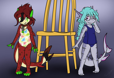 4_toes 5_fingers 5_toes anthro barefoot biped black_markings blue_hair chair clothed clothing countershade_arms countershade_face countershade_feet countershade_hands countershade_legs countershade_neck countershade_tail countershade_torso countershading duo ear_frill eyewear feet female fingerless_(marking) fingers frill_(anatomy) front_view fully_clothed furniture glasses green_eyes green_markings grey_body grey_markings hair hand_on_own_face looking_at_another markings non-mammal_hair one-piece_swimsuit paws pupils purple_eyes purple_markings red_body red_hair red_markings sharp_teeth simple_background slit_pupils smile snout standing swimwear swimwear_only tail teeth toeless_(marking) toes young young_anthro young_female halcy0n sushi_(icysharkie) zeke_(firefoxzero) fish marine shark 2017 colored