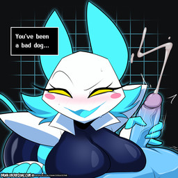 anthro big_breasts blush bodily_fluids breasts cum cumshot duo ejaculation female female_anthro female_on_human genital_fluids genitals handjob human_on_anthro interspecies machine male male/female male_human male_on_anthro patreon_logo penile penis sex text dankodeadzone deltarune patreon undertale_(series) kris_dreemurr tasque_manager darkner human mammal robot 1:1 2022 digital_media_(artwork) english_text hi_res url