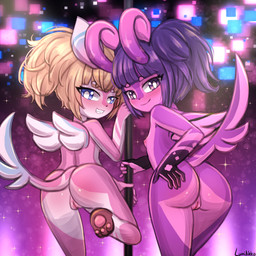 2_horns anthro back_wings big_butt biped black_markings black_nose blonde_hair blue_eyes breasts butt closed_smile duo eyebrows feathered_wings feathers female genitals gloves_(marking) grin hair hand_on_butt hand_on_own_butt horn looking_at_viewer looking_back looking_back_at_viewer markings mouth_closed nipples nude pawpads pink_body pole purple_body purple_hair raised_leg rear_view small_breasts small_wings smile standing vulva wide_hips wings young young_anthro young_female lumineko genshin_impact mihoyo melusine_(genshin_impact) 1:1 2025