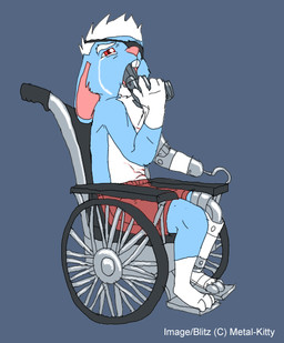 amputation amputee blue_body blue_fur bodily_fluids crying disability eye_patch eyewear fur gun hair holding_gun holding_object holding_ranged_weapon holding_weapon hook hook_hand male paraplegic plantigrade ranged_weapon red_eyes scar solo suicide tears vehicle weapon wheelchair white_hair metal_(artist) lagomorph leporid mammal rabbit digital_media_(artwork)