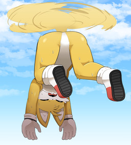 5_fingers anthro ass_up bodily_fluids butt clothing eyes_closed featureless_crotch fingers flying footwear fur gloves handwear male null open_mouth shoes solo sweat tail yellow_body yellow_fur sum sega sonic_the_hedgehog_(series) miles_prower canid canine fox mammal hi_res