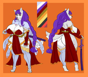 anthro assassin big_breasts big_butt bottomless breasts butt butt_floss cleavage clothed clothing female hair huge_breasts katana long_ears long_hair mature_female melee_weapon purple_hair red_eyes scabbard solo sword thick_thighs weapon wide_hips soleilly madam_tsubaki_(alphaleader) canid canine fennec_fox fox mammal true_fox hi_res