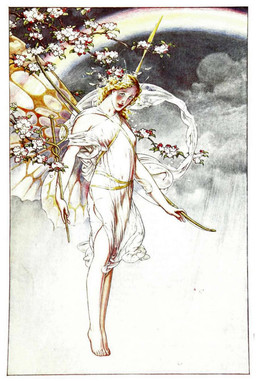 antennae_(anatomy) art_nouveau blonde_hair branch caduceus caduceus_staff clothing cloud dress female floating flowering_plant hair holding_object insect_wings long_hair outside pale_skin plant rainbow roman_clothing solo staff tree wings paul_vincent_woodroffe the_tempest william_shakespeare arthropod butterfly fairy humanoid insect lepidopteran 1908 20th_century ancient_art