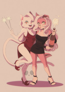 alcohol anthro beverage breasts cleavage clothed clothing dress duo female footwear high_heels one_eye_closed open_mouth shoes sparkler wine wink smidg3n canid canine canis domestic_cat domestic_dog felid feline felis mammal absurd_res hi_res