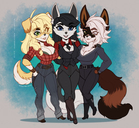 amber_eyes anthro big_breasts black_hair blonde_hair blue_eyes boots bracelet breasts chibi cleavage clothed clothing eye_through_hair eyebrow_through_hair eyebrows female footwear green_eyes group hair high_heeled_boots high_heels jewelry looking_at_viewer necktie shoes translucent translucent_hair trio white_hair wmdiscovery93 gwynneth_mai kasey_(wmdiscovery93) rosemary_(wmdiscovery93) canid canine canis domestic_dog mammal wolf digital_media_(artwork) hi_res sketch