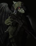 abstract_background amber_eyes anthro bodypaint bone_frill camo camo_print clothing feathered_wings feathers female frill_(anatomy) grey_hair gun hair holding_gun holding_object holding_ranged_weapon holding_weapon long_hair looking_at_viewer military military_uniform ranged_weapon rifle short_tail sniper_rifle soldier soldier_helmet solo tail uniform war_paint warrior weapon wings half-coco cavemanon_studios goodbye_volcano_high snoot_game fang_(gvh) prehistoric_species pterodactylus pterosaur reptile scalie 2024 absurd_res digital_drawing_(artwork) digital_media_(artwork) hi_res