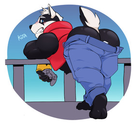 anthro biped black_body black_nose blue_eyes blush bottomwear butt butt_cleavage clothing controller game_controller humanoid_hands male pants slightly_chubby solo white_body outcast-stars bradley_the_badger_(game) bradley_(bradley_the_badger) badger mammal mustelid musteline 2025 hi_res