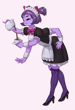 4_arms 5_eyes accessory alternative_fashion apron bangs bent_over beverage black_clothing black_dress black_eyes black_footwear black_high_heels black_sclera black_topwear blunt_bangs bow_(feature) bow_accessory bow_ribbon bow_tie breasts closed_smile clothed clothed_female clothed_humanoid clothing container cup cute_fangs dress eyelashes fangs female female_humanoid fingers footwear frilly frilly_clothing fully_clothed fully_clothed_female fully_clothed_humanoid goth gothic_lolita hair hair_accessory hair_bow hair_ribbon hand_on_hip high_heels holding_container holding_cup holding_object holding_tea_cup j-fashion legwear lolita_(fashion) maid_apron maid_headdress maid_uniform mouth_closed multi_arm multi_eye multi_limb pigtails pouring pouring_liquid pouring_tea purple_body purple_clothing purple_hair purple_legwear purple_skin purple_thigh_highs red_bow red_bow_tie ribbons shoes short_hair side_view simple_background small_breasts smile solo spider_web tea tea_cup teapot teeth thigh_highs topwear twin_bows twin_hair_bows uniform white_apron white_background white_clothing phenelia undertale undertale_(series) muffet animal_humanoid arachnid arachnid_humanoid arthropod arthropod_humanoid humanoid spider spider_humanoid absurd_res hi_res