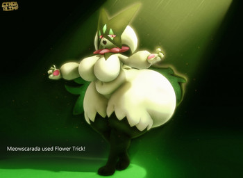 anthro belly big_breasts big_butt black_mouth breasts butt female green_background green_body green_ears huge_breasts huge_butt huge_thighs hyper hyper_butt looking_at_viewer open_mouth open_smile pawpads pink_eyes pink_pawpads red_tongue sharp_teeth simple_background slightly_chubby slightly_chubby_anthro slightly_chubby_female smile smiling_at_viewer snaggle_tooth solo teeth text thick_thighs three-quarter_view tongue cindablimp nintendo pokemon felid feline generation_9_pokemon mammal meowscarada pokemon_(species) 2026 3d_(artwork) artist_name colored digital_media_(artwork) english_text hi_res shaded source_filmmaker_(artwork)