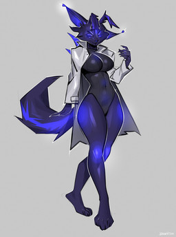 7_eyes antennae_(anatomy) anthro black_body black_fur blue_eyes blue_inner_ear blue_nose breasts claws clothed clothing coat female fluffy fluffy_tail fur glowing glowing_eyes glowing_markings lab_coat leotard markings multi_eye no_pupils quills_(anatomy) short_fur skinny solo split_jaw striped_markings striped_tail stripes sweater tail tail_markings tall tight_clothing topwear turtleneck johnfoxart varandus alien mammal nimoran 2025 full-length_portrait hi_res portrait herm_(lore)