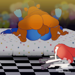 anthro balls big_balls big_butt big_penis bodily_fluids butt cum cum_from_ass cum_in_ass cum_inside genital_fluids genitals group male male/male penis pounding_ass trio nuknuks five_nights_at_freddy's scottgames bonnie_(fnaf) foxy_(fnaf) freddy_(fnaf) bear canid canine fox lagomorph leporid mammal rabbit 1:1 animated hi_res