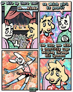 aloha_shirt armwear ballet ballet_leotard bottomwear bow_tie cheek_spots clothing dance_shoes dancewear dialogue elbow_gloves eyes_closed femboy floppy_ears footwear fur gloves group half-closed_eyes handwear humor knee_highs knee_socks legwear leotard male narrowed_eyes open_mouth open_smile pattern_clothing pattern_shirt pattern_topwear pointe_shoes shirt shoes skirt smile socks speech_bubble sweater teeth text tooth_gap topwear trio_focus turtleneck tutu white_body white_fur yellow_body yellow_fur rawdawgcomics bingus_(rawdawgcomics) stahli_(rawdawgcomics) bird_dog canid canine canis domestic_cat domestic_dog felid feline felis golden_retriever hunting_dog mammal retriever english_text hi_res
