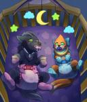 anthro baby baby_mobile bedding blanket blush clothing crib diaper duo footwear fur grey_body grey_fur handwear hypnosis lamp legwear lying male mind_control mittens orange_body orange_fur pacifier regression socks spiral_eyes young young_anthro poofy-shark nintendo pokemon tommy_the_buizel buizel generation_2_pokemon generation_3_pokemon generation_4_pokemon houndoom hybrid mightyena pokemon_(species) hi_res