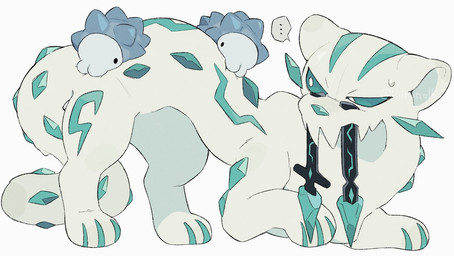 ambiguous_gender blue_body blue_markings blue_nose blue_sclera feral group ice markings melee_weapon paws simple_background snow sword tail trio weapon white_background white_body white_ears white_eyes white_tail kiirono nintendo pokemon chien-pao generation_8_pokemon generation_9_pokemon legendary_pokemon pokemon_(species) snom