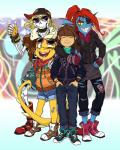 anthro armless bone clothing eyewear female fingerless_gloves gloves group handwear male skeleton sunglasses goatanimedatingsim undertale undertale_(series) frisk_(undertale) monster_kid papyrus_(undertale) undyne animated_skeleton fish human humanoid mammal marine undead 2016 4:5 absurd_res hi_res