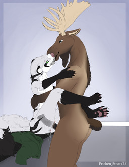 anthro antlers bent_legs brown_body brown_fur claws clothing countertop duo eye_contact female fur green_clothing green_eyes green_shirt green_topwear heart_eyes heart_symbol holding_another horn kissing looking_at_another male male/female penetration shirt toe_claws topwear vaginal vaginal_penetration white_body white_fur conditional_dnp fricken_stoat fret moose_mower deer mammal moose mustelid musteline new_world_deer stoat true_musteline weasel absurd_res hi_res