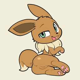 3_toes anus black_nose brown_body brown_ears brown_eyebrows brown_fur brown_tail brown_vulva butt dipstick_tail eyebrows feet female female_feral feral fur genitals green_eyes grey_background head_turned looking_back lying markings multicolored_body multicolored_fur on_side open_mouth pawpads pink_pawpads pink_tongue presenting presenting_hindquarters pupils quadruped ruff simple_background snout solo tail tail_markings tan_body tan_fur tan_tail tan_tail_tip toes tongue two_tone_body two_tone_fur two_tone_tail vulva young young_female young_feral itsunknownanon nintendo pokemon eevee generation_1_pokemon mammal pokemon_(species) 1:1 2026 hi_res