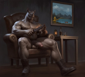 alcohol balls beverage biceps boots bottle clothing combat_knife container erection footwear genitals glans grey_body humanoid_genitalia humanoid_penis inside knife lamp lantern looking_at_viewer male muscular muscular_male navel nipples painting_(object) pecs penis shoes sitting smile solo vein veiny_penis aduran ryan_carthage mammal rhinoceros 2025 hi_res