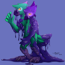 3_toes absorption_vore ambiguous/ambiguous ambiguous_gender anthro avian_feet beak bedroom_eyes corruption duo feathers feet glowing glowing_eyes grope groping_from_behind hypnosis latex mind_control narrowed_eyes ringed_eyes scared seductive simple_background talons toes transformation vore mowshi merle_byrdde avian bird goo_creature living_latex 1:1 hi_res