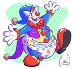 4_fingers abstract_background anthro big_diaper biped blue_body clothed clothing clown clown_costume clown_makeup clown_nose clown_paint clown_shoes costume diaper fingers footwear glistening glistening_clothing glistening_footwear glistening_shoes hair headgear makeup male open_mouth open_smile overweight overweight_anthro overweight_male red_body red_hair red_nose sharp_teeth shoes simple_background smile teeth toony topwear vest wearing_diaper white_body soul-silver-dragon sushi_the_clown zeydaan canid canine canis mammal wolf 2019 digital_media_(artwork) hi_res