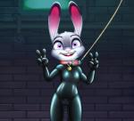 alec8ter anthro bdsm bodysuit buckteeth clothed clothing collar collar_tag conditional_dnp dipstick_ears disney female flat_chested front_view gesture gimp_suit hand_gesture hi_res huebris judy_hopps lagomorph latex leash leporid looking_at_viewer mammal multicolored_ears open_mouth rabbit skinsuit smile solo teeth text tight_clothing v_sign zipper zootopia