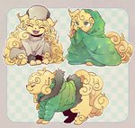 bedding blanket clothed clothing eyes_closed female feral green_blanket green_eyes jacket kemono open_mouth open_smile sitting smile solo standing topwear yellow_body maruboku_b canid canine canis domestic_dog mammal 2020 multiple_images