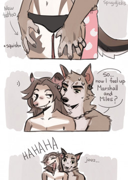 anthro biped breasts claws clothed clothed_anthro clothed_female clothed_male clothing dialogue duo female front_view fur hair male navel panties piercing smile speech_bubble standing tail teeth text underwear spuydjeks bublik_(spuydjeks) kisa_(spuydjeks) american_opossum mammal marsupial 2026 comic digital_drawing_(artwork) digital_media_(artwork) english_text hi_res