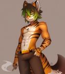 abs anthro cigarette clothed clothing fur hair looking_at_viewer male open_mouth simple_background smile solo coff felid mammal hi_res