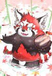 anthro asian_clothing belly braided_hair braided_ponytail clothing east_asian_clothing fundoshi fur hair japanese_clothing male moobs navel nipples outie_navel partially_submerged pond ponytail red_body red_fur slightly_chubby solo underwear young rabbitificate lifewonders tokyo_afterschool_summoners zhurong_(tas) ailurid arthropod dragonfly insect mammal red_panda hi_res