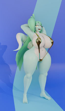 anthro areola areola_slip big_breasts breasts clothing female green_hair hair huge_breasts one-piece_swimsuit sling_bikini solo swimwear tail thick_thighs z-z rose_(fairyfud) scalie 3d_(artwork) absurd_res digital_media_(artwork) hi_res