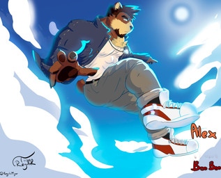 anthro beard black_clothing black_footwear black_socks blue_clothing blue_jacket blue_sky blue_topwear brown_body brown_eyes brown_fur brown_hair claws clothing cloud dog_tags facial_hair finger_claws footwear fur hair jacket jewelry jumping khaki_pants looking_at_viewer male multicolored_body multicolored_fur necklace pawpads shirt shoes sky sneakers socks solo sun tan_body tan_fur text topwear twitter_handle two_tone_body two_tone_fur white_clothing white_shirt white_topwear regulartiger alexei_zoloto bear brown_bear mammal ursine 2023 artist_name character_name hi_res