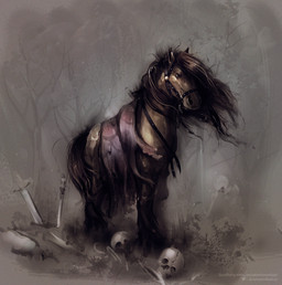 ambiguous_feral ambiguous_gender beady_eyes bone brown_body brown_mane brown_tail feral glistening glistening_eyes mane melee_weapon mouth_closed outside plant skull solo sword tail tree weapon satanic_monkey equid equine horse mammal hi_res