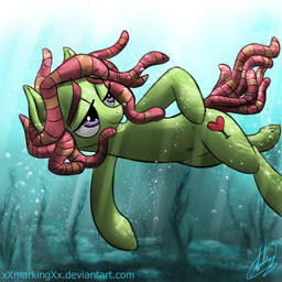 cutie_mark dreadlocks female feral hair half-closed_eyes hooves long_hair multicolored_hair narrowed_eyes navel quadruped smile solo text two_tone_hair underwater water xxmarkingxx friendship_is_magic hasbro my_little_pony tree_hugger_(mlp) earth_pony equid equine horse mammal pony 1:1 2016 absurd_res hi_res url