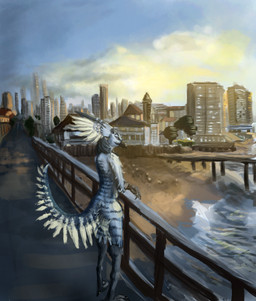 anthro beach beak blue_body blue_feathers bridge building city cityscape cloud day detailed_background feathers male outside pier seaside solo standing sunset water white_body white_feathers bittertooth avian bird blue_jay corvid jay_(bird) new_world_jay oscine passerine 2012