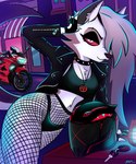 2024 49ersrule07_(artist) 5:6 anthro black_clothing black_panties black_underwear breasts canid canid_demon canine chest_tuft clothing collar crop_top demon ear_piercing ear_ring eyebrow_piercing eyebrow_ring eyebrows eyelashes facial_piercing female fingerless_gloves fishnet_clothing fishnet_legwear fishnet_pantyhose fur gloves grey_body grey_fur grey_hair hair handwear hellhound helluva_boss hi_res jacket key leather leather_clothing leather_jacket leather_topwear legwear looking_at_viewer loona_(helluva_boss) mammal midriff motorcycle motorcycle_helmet mythological_canine mythological_creature mythology notched_ear panties pantyhose piercing red_sclera ring_piercing shirt solo spiked_collar spikes topwear tuft underwear vehicle white_body white_fur