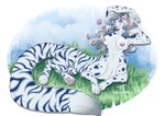 blue_eyes blush breasts female fur grass grey_body grey_fur markings navel nipples nude outside plant solo spots spotted_body spotted_fur striped_body striped_fur stripes white_body white_fur toxi_de_vyne_(artist) chakat_moongale chakat felid felid_taur mammal mammal_taur taur herm_(lore)