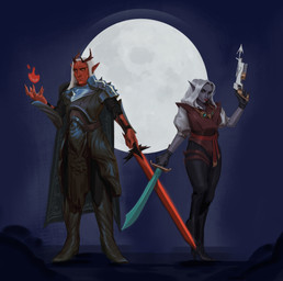 armor black_bottomwear black_clothing black_pants blue_cape blue_clothing bottomwear cape clothed clothing duo female female_humanoid front_view grey_body grey_skin gun hair holding_gun holding_melee_weapon holding_object holding_ranged_weapon holding_sword holding_weapon long_hair looking_at_viewer magic_user male male_humanoid melee_weapon moon mouth_closed orange_eyes pants ranged_weapon red_body red_clothing red_eyes red_skin red_topwear standing sword topwear weapon white_hair edvardiko humanoid absurd_res hi_res