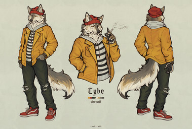 anthro beanie big_tail biped black_outline bottomwear casual_clothing cigarette clothed clothing confident denim denim_bottomwear denim_clothing digitigrade fluffy fluffy_fur fluffy_tail footwear front_view fully_clothed fur hat headgear headwear hoodie jacket jeans male male_anthro outline pants pattern_clothing pattern_shirt pattern_topwear rear_view red_beanie red_clothing red_footwear red_hat red_headwear red_shoes shirt shoes smile smirk smoke smoking smug sneakers solo standing streetwear striped_clothing striped_shirt striped_topwear stripes tail topwear torn_bottomwear torn_clothing torn_jeans torn_pants turnaround wolf_tail yellow_clothing yellow_eyes yellow_jacket_(clothing) yellow_topwear tashiroth canid canine canis mammal wolf absurd_res colored digital_media_(artwork) full-length_portrait hi_res huge_filesize portrait