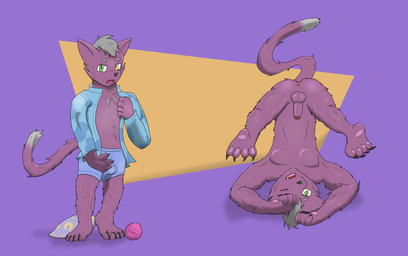 anthro anus ball_of_yarn balls black_nose bulge butt chest_tuft claws clothing cute_fangs dipstick_tail fangs fur genitals grey_hair hair heterochromia male markings nude nude_anthro nude_male one_eye_closed open_mouth pajama_shirt pajamas pawpads penis pillow pink_pawpads purple_body purple_fur simple_background small_penis solo tail tail_markings teeth toe_claws tuft underwear upside_down yarn young young_anthro young_male anonymous_artist domestic_cat felid feline felis mammal colored digital_media_(artwork) hi_res shaded